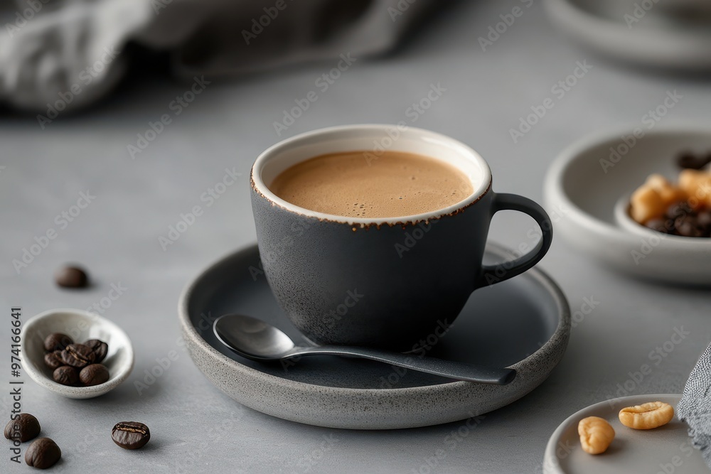 A cozy coffee cup on a gray surface with beans and snacks. A cozy coffee cup on a gray surface with beans and snacks.