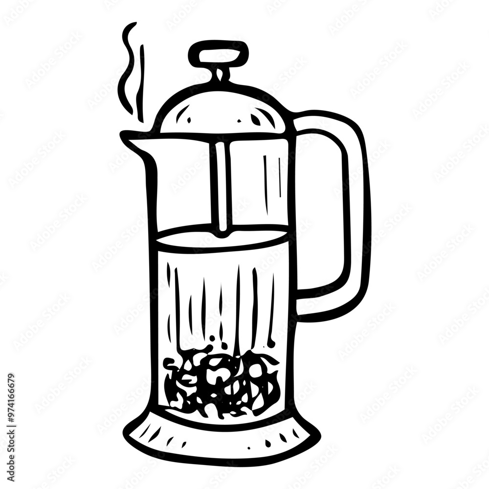French press hand drawn doodle. Appliance for brewing coffee and tea. Glass kettle for making hot drinks. Household kitchen equipment. Cooking tool. Vector sketch line art illustration. French press hand drawn doodle. Appliance for brewing coffee and tea. Glass kettle for making hot drinks. Household kitchen equipment. Cooking tool. Vector sketch line art illustration.