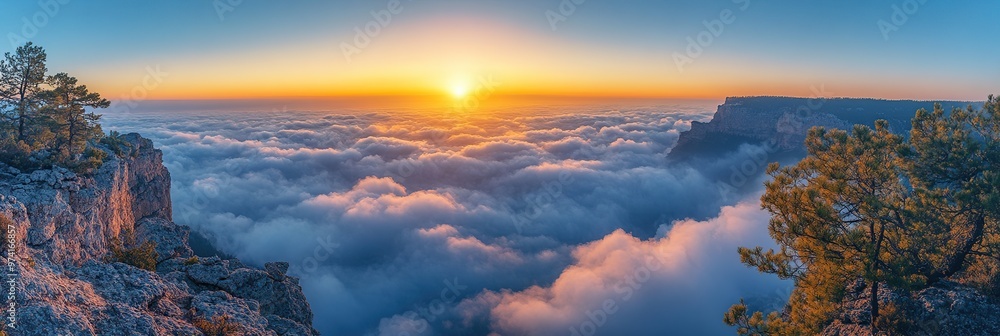 Naklejka premium A stunning sunset view from a mountaintop with layers of clouds below, a vibrant sky and a distant mountain range.