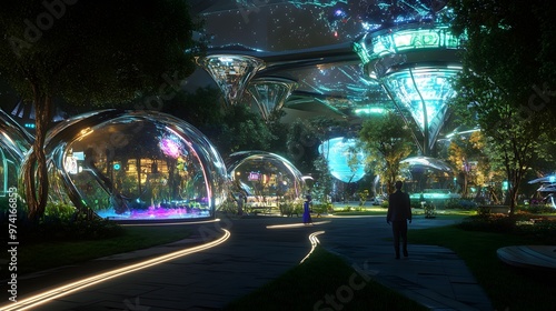 A futuristic park where citizens enjoy real-time digital entertainment powered by blockchain and IoT technology