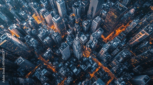 Aerial view of a vibrant urban cityscape, showcasing towering skyscrapers and glowing streets at dusk. photo