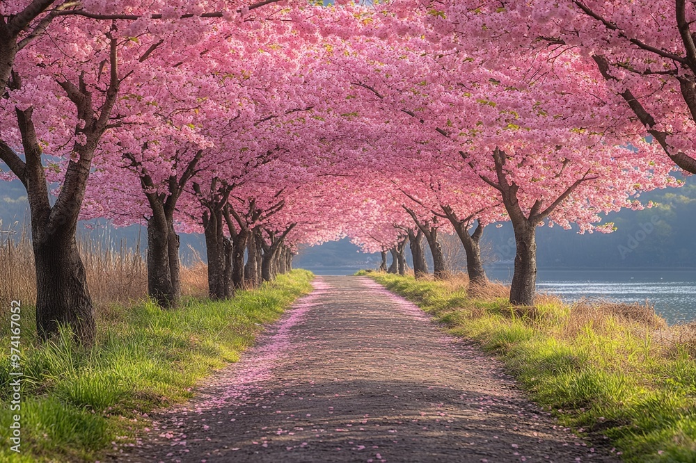 A path lined with cherry blossoms in full bloom A path lined with cherry blossoms in full bloom