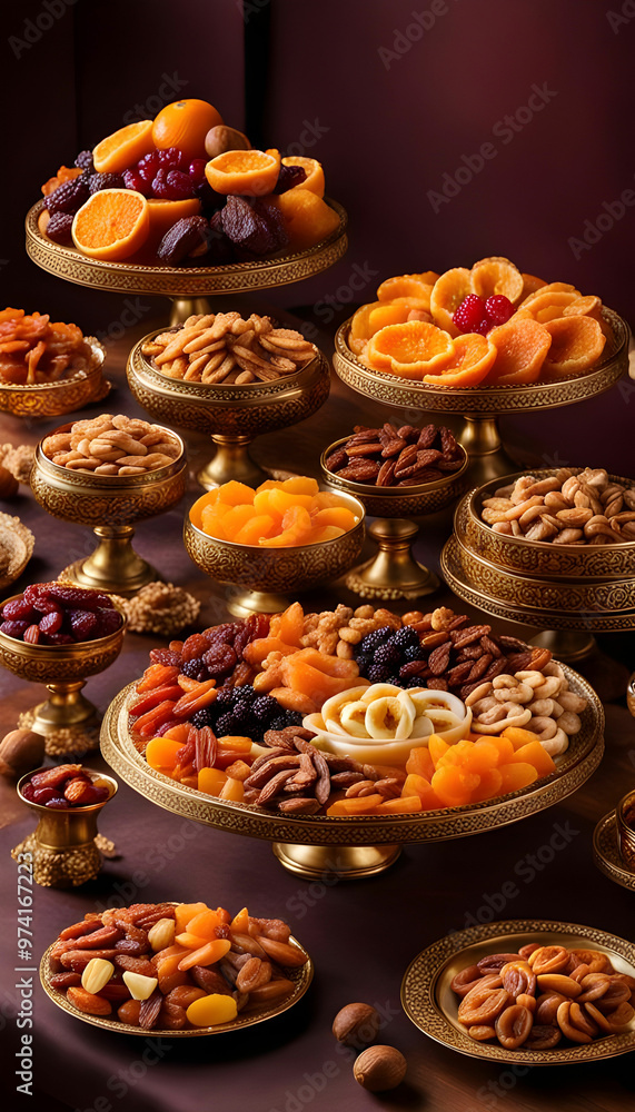 the opulence of a royal feast, adorned with a variety of dried fruits in vibrant hues. the opulence of a royal feast, adorned with a variety of dried fruits in vibrant hues.