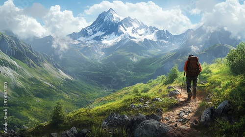 A lone hiker explores a breathtaking mountain landscape with lush greenery and majestic snow-capped peaks under a vibrant sky.