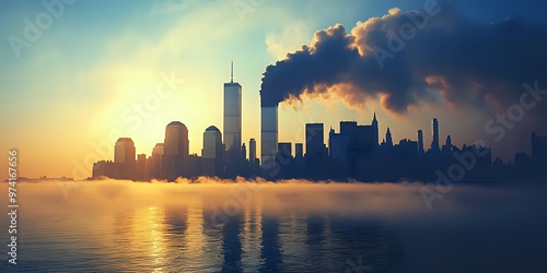 Silhouette of New York City skyline with a sunrise and clouds.