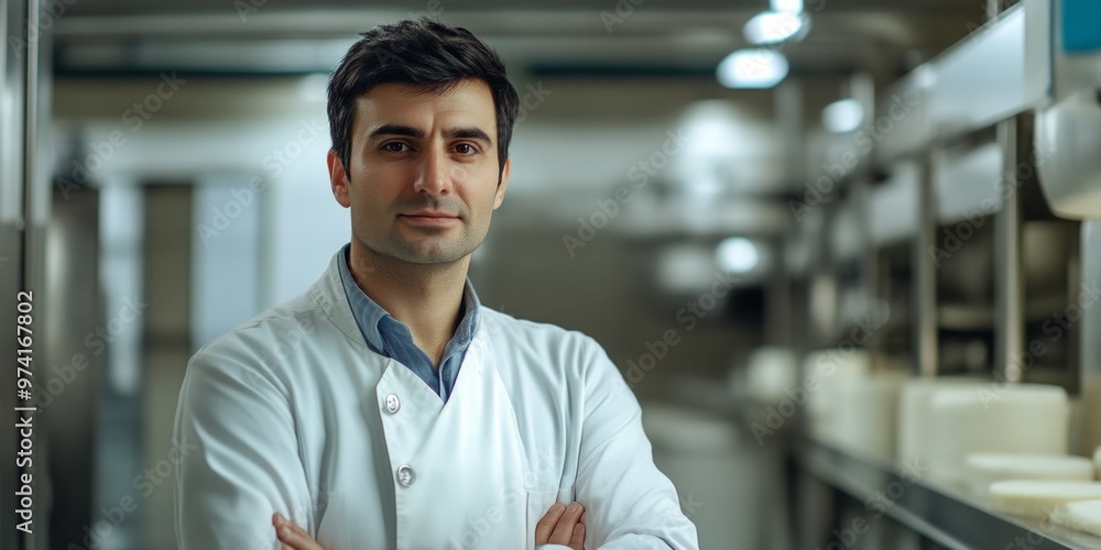 A confident male chef stands proudly in a modern kitchen. His arms crossed show expertise and passion for cooking. The kitchen is bright and professional, emphasizing quality. AI A confident male chef stands proudly in a modern kitchen. His arms crossed show expertise and passion for cooking. The kitchen is bright and professional, emphasizing quality. AI
