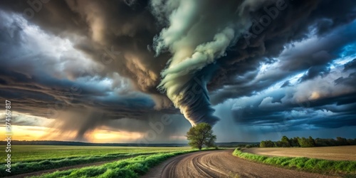 Dramatic dark funnel cloud touches down, sweeping debris-filled vortex across devastated rural landscape with eerie photo