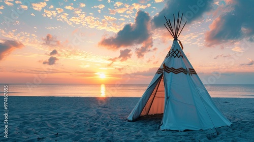 Tent on the ocean shore, vacation concept photo