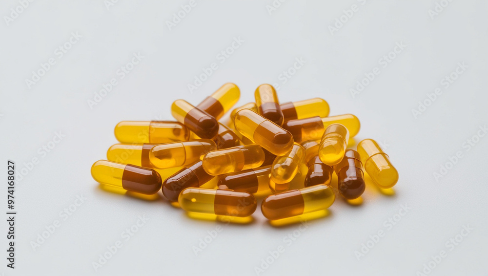 Pile of yellow capsules on white background Pile of yellow capsules on white background
