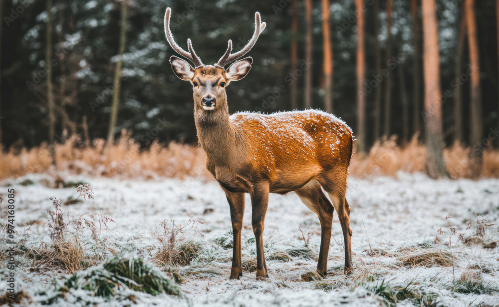 Deer elk animal with horns standing and looking around in snowy winter forest woods nature outdoors. Buck in cold wilderness outside, antler mammal, frost fauna field Deer elk animal with horns standing and looking around in snowy winter forest woods nature outdoors. Buck in cold wilderness outside, antler mammal, frost fauna field