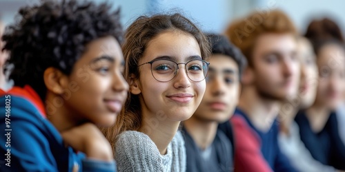 Group of diverse students in a classroom debate, close-up on varied expressions and animated gestures, bright lighting emphasizes inclusive education