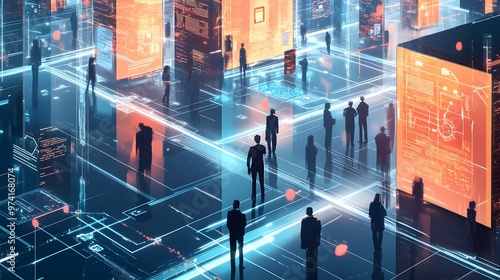 A futuristic marketplace where citizens use blockchain-secured digital wallets for seamless, secure transactions