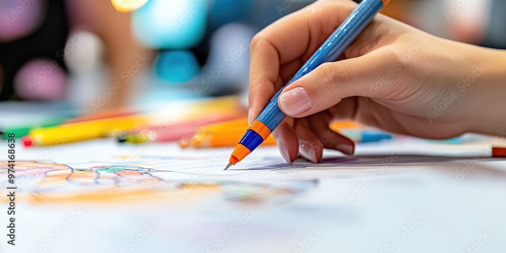 a hand sketching out an event layout, focus on the design process with colorful pens and a creative atmosphere a hand sketching out an event layout, focus on the design process with colorful pens and a creative atmosphere