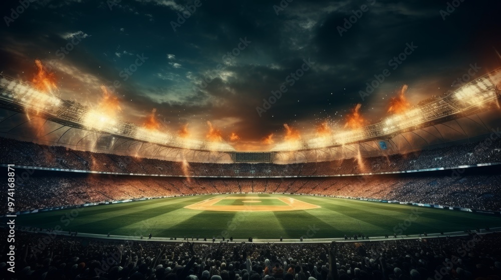 Lively nighttime cricket stadium filled with enthusiastic fans in modern sports complex rendering Lively nighttime cricket stadium filled with enthusiastic fans in modern sports complex rendering