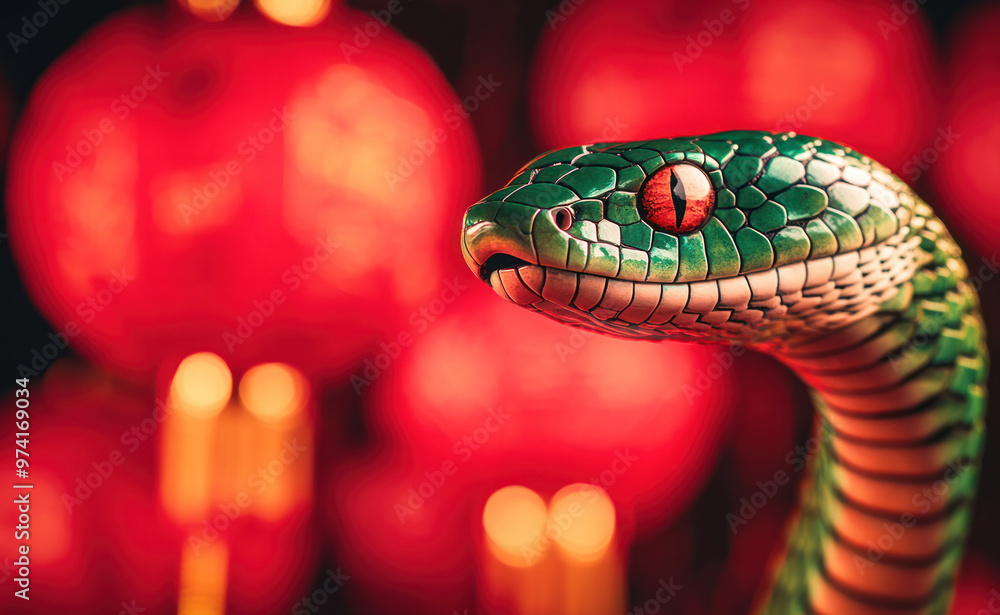 Green snake on red background with red lanterns in style of chinese new year 2025 Green snake on red background with red lanterns in style of chinese new year 2025