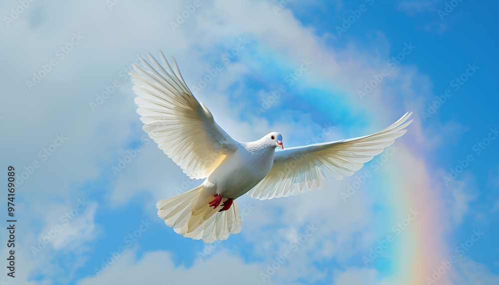 Fototapeta premium White dove flying with open wings in front of rainbow and sunlight. Symbol of love, peace, hope and freedom