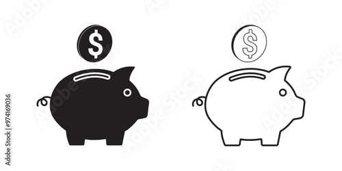 Piggy bank vector icon  silhouette. Piggy bank saving money icon. Piggy bank and money.  Pig icon, moneybox vector, silhouette. Financial icon. Vector illustration.