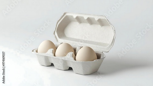 Three Eggs In Cardboard Carton   White Background photo