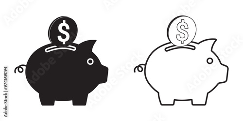 Piggy bank icon vector silhouette. Piggy bank saving money icon. Piggy bank and money.  Pig icon, moneybox vector, silhouette. Financial icon. Vector illustration.