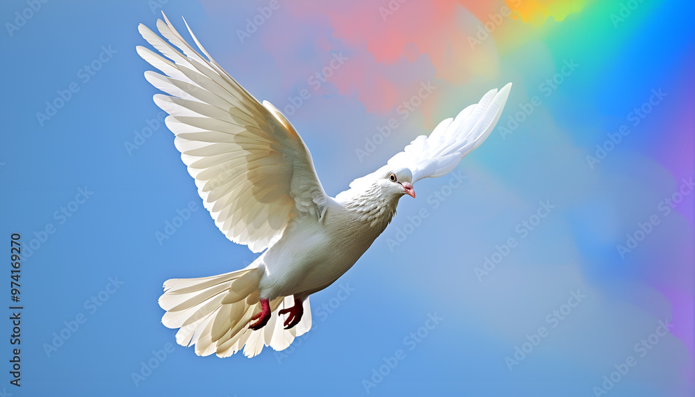 Obraz premium White dove flying with open wings in front of rainbow and sunlight. Symbol of love, peace, hope and freedom