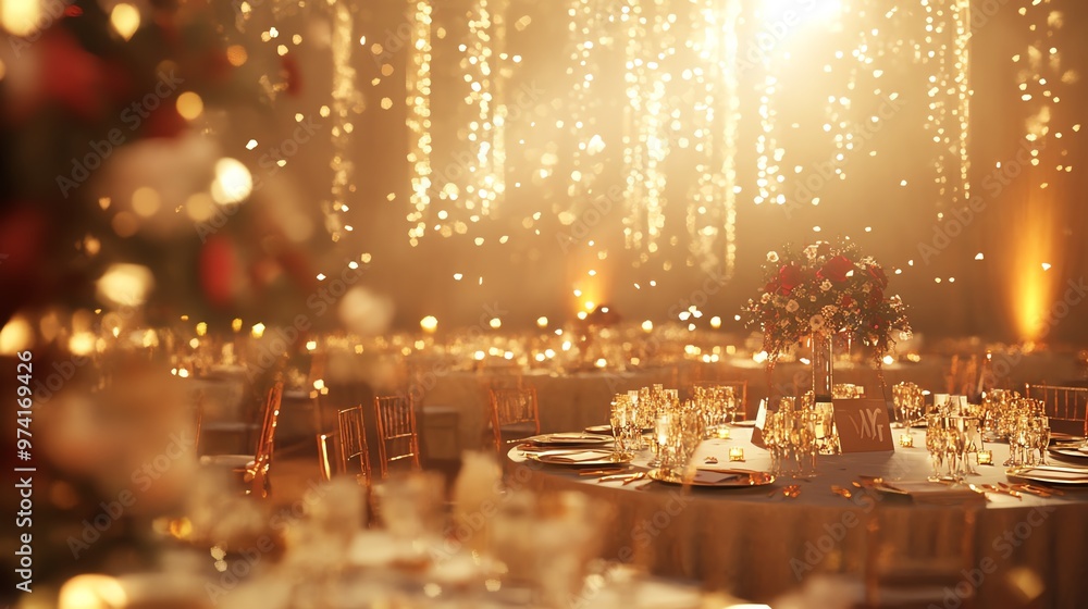 Elegant dinner setup with sparkling lights, creating a magical atmosphere for celebrations and special events. Elegant dinner setup with sparkling lights, creating a magical atmosphere for celebrations and special events.