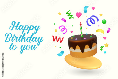 3d Birthday cake and confetti. For Happy Birthday greeting card, poster or banner with yummy cake element decoration for kids party occasion. Vector Illustration.