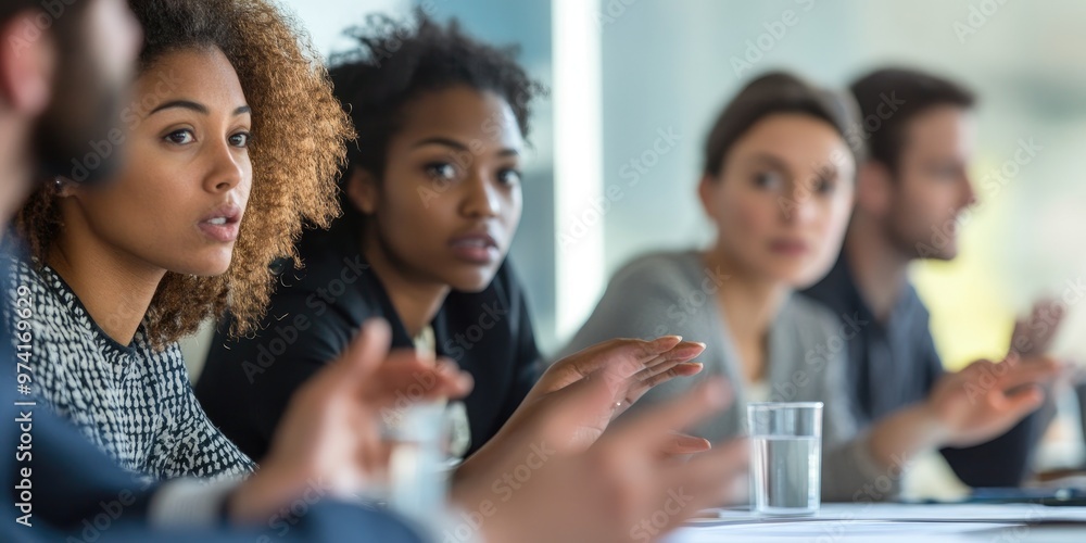 Diverse group in a roundtable discussion, close-up on serious expressions and engaged hands, bright office lighting highlights fairness in action Diverse group in a roundtable discussion, close-up on serious expressions and engaged hands, bright office lighting highlights fairness in action