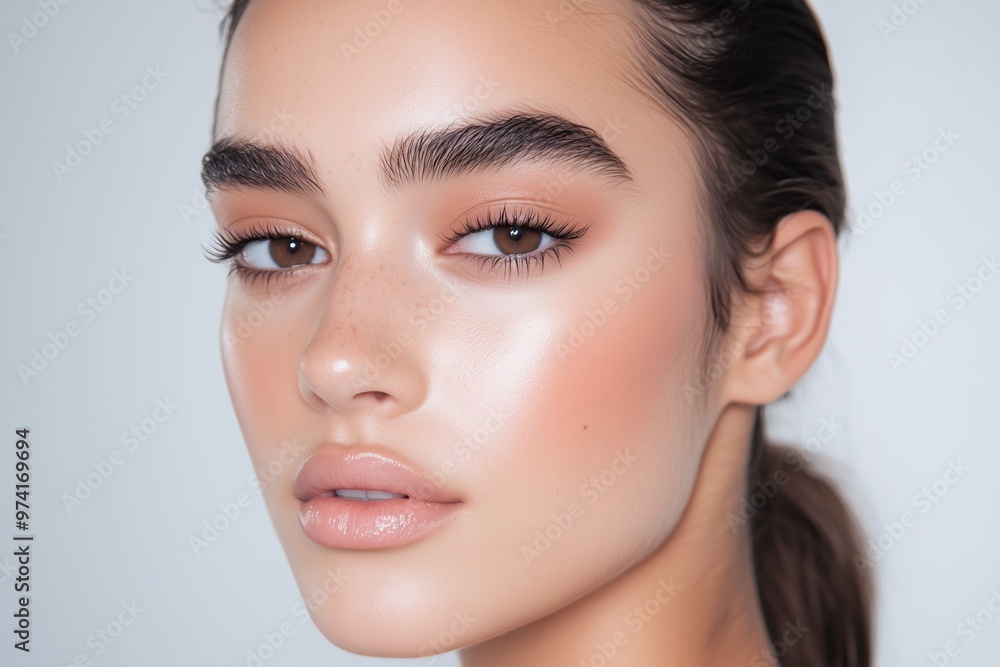 Fototapeta premium model with soft baddie makeup, featuring brown smokey eyes, defined cheekbones, and a matte neutral lip, paired with a sleek high ponytail