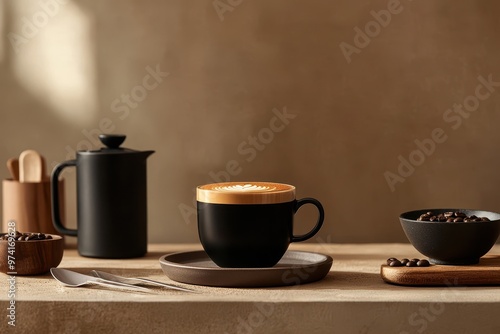 A cozy coffee setup featuring a cup, kettle, and coffee beans on a wooden table.