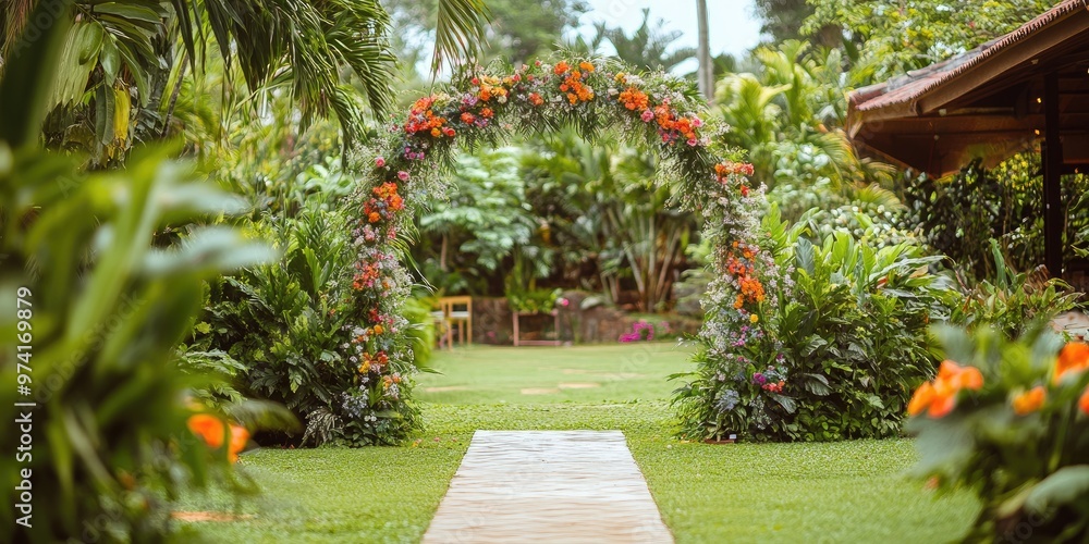 a garden venue with a decorated archway, lush greenery and vibrant flowers, romantic and inviting setting a garden venue with a decorated archway, lush greenery and vibrant flowers, romantic and inviting setting