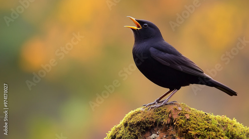 A blackbird stands on a moss-covered rock, its beak open, as if singing its melodic song against the blurred autumn landscape