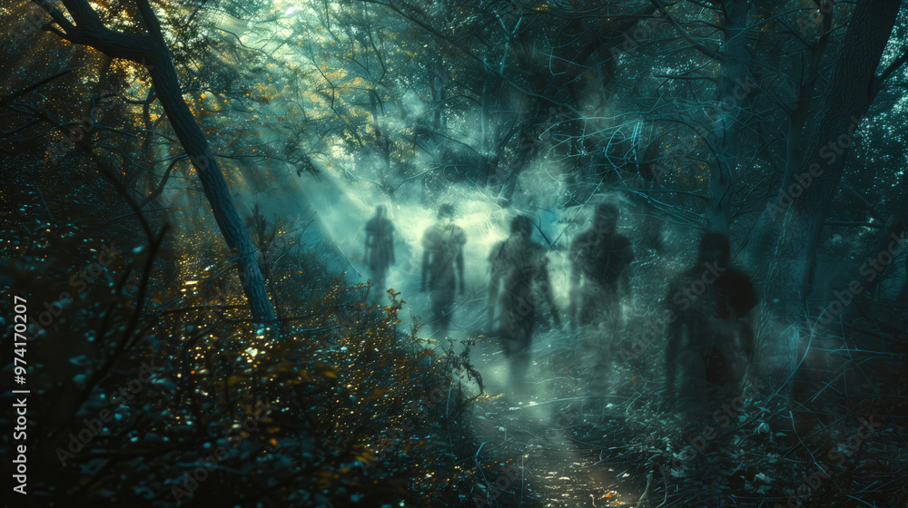 Obraz premium A group of translucent figures, floating in the air like ghosts and spirits on an ancient forest path
