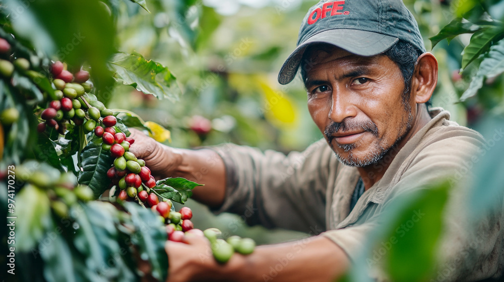 Celebrating International Coffee Day with a farmer harvesting coffee cherries in vibrant fields Celebrating International Coffee Day with a farmer harvesting coffee cherries in vibrant fields
