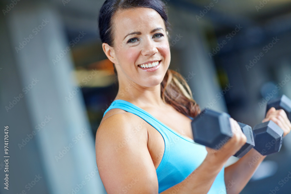 Bodybuilder, happy and portrait with woman in gym for exercise, weights and fitness. Weightlifting, dumbbell and sports athlete with person training and muscle for energy, wellness and workout Bodybuilder, happy and portrait with woman in gym for exercise, weights and fitness. Weightlifting, dumbbell and sports athlete with person training and muscle for energy, wellness and workout