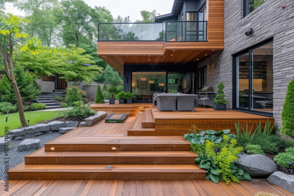 Fototapeta premium A modern backyard with a sleek wooden deck, cozy patio seating, and lush greenery, creating an inviting and serene outdoor space.