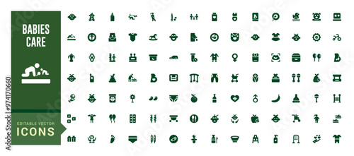 Babies care elements icon set. Solid editable icons pack. Filled icon set, glyph icon set for web and ui. Editable stroke. Solid icon set. Vector illustration.