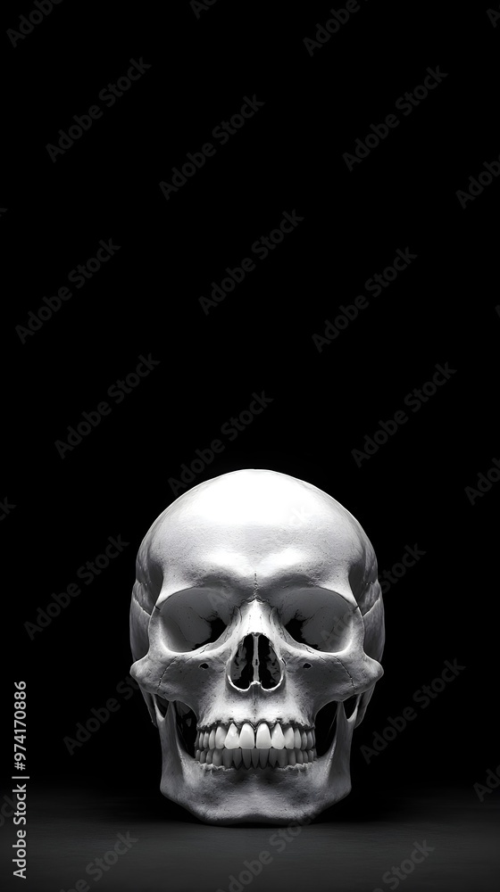 Illuminated Human Skull in High Contrast Black-and-White With Deep Shadows and Glossy Details for Text Overlay Illuminated Human Skull in High Contrast Black-and-White With Deep Shadows and Glossy Details for Text Overlay