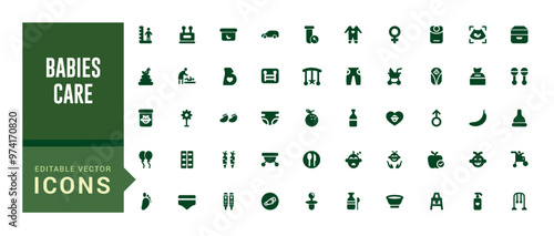 Babies care elements icon set. Solid editable icons pack. Filled icon set, glyph icon set for web and ui. Editable stroke. Solid icon set. Vector illustration.