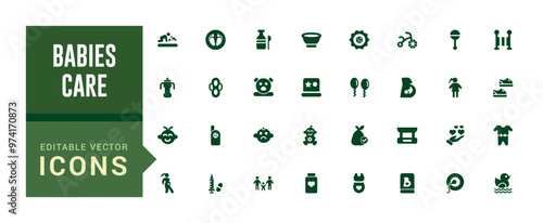 Babies care elements icon set. Solid editable icons pack. Filled icon set, glyph icon set for web and ui. Editable stroke. Solid icon set. Vector illustration.
