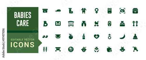 Babies care elements icon set. Solid editable icons pack. Filled icon set, glyph icon set for web and ui. Editable stroke. Solid icon set. Vector illustration.
