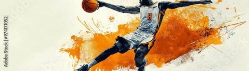 Basketball Player in Orange Splash, basketball, sports, art, abstract