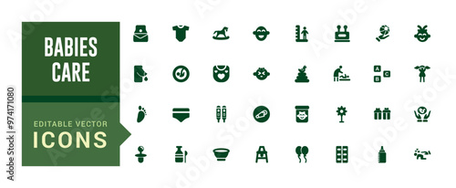 Babies care elements icon set. Solid editable icons pack. Filled icon set, glyph icon set for web and ui. Editable stroke. Solid icon set. Vector illustration.