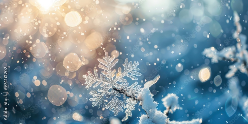 Fototapeta premium A Delicate Snowflake Glistens in the Winter Sunshine, Capturing the Beauty of a Frosty Day.