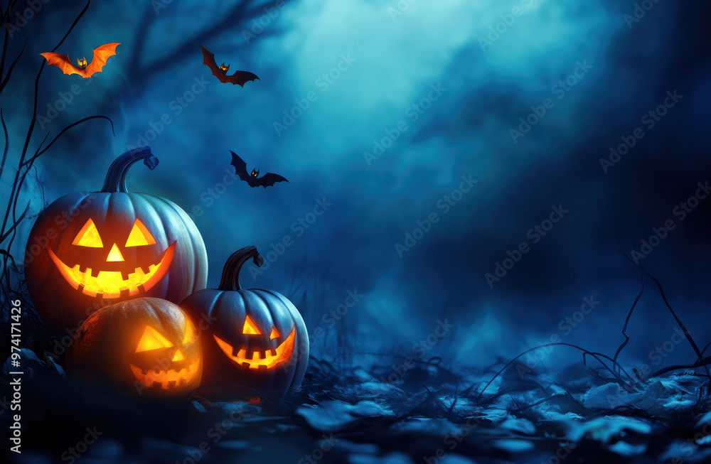 Naklejka premium Halloween background with pumpkins halloween jack-o-lantern festival and bats in the night, space for text