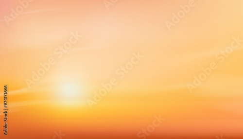 Sunset Sky,Cloud background.Autumn with orange,yellow sky sunrise over beach,Vector Nature Winter sunlight in evening,Banner cartoon landscape sunny day in summer by the sea