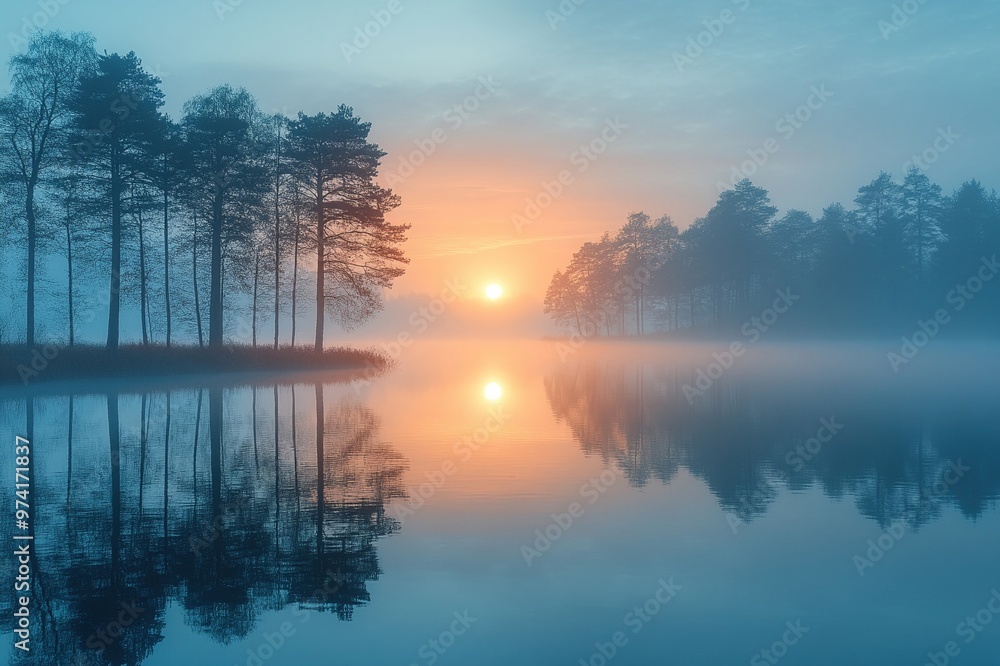 Obraz premium A blanket of fog over a calm lake at dawn