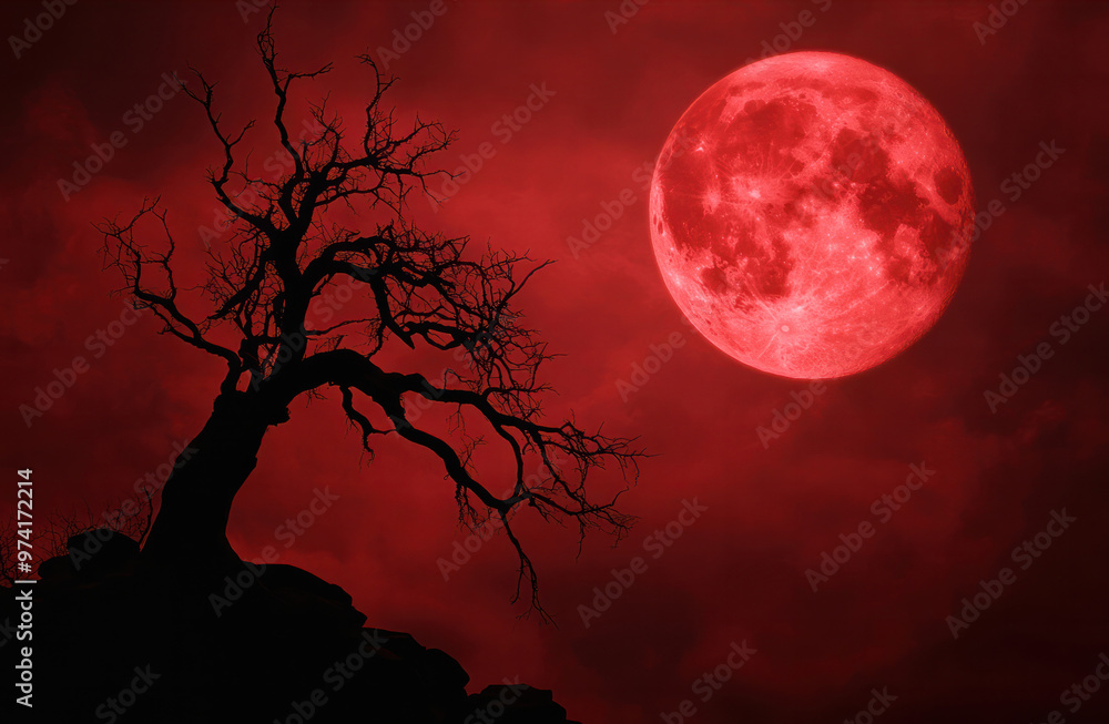 Spooky halloween background with silhouette dead tree at night full red moon Spooky halloween background with silhouette dead tree at night full red moon
