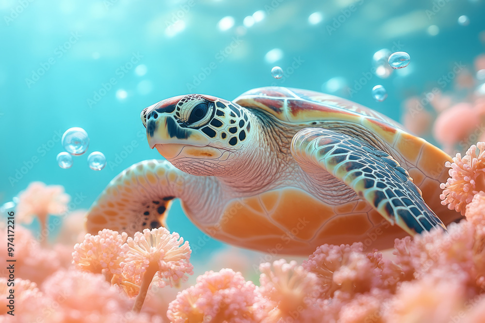 A sea turtle swimming with coral and flowers, A sea turtle swimming with coral and flowers,