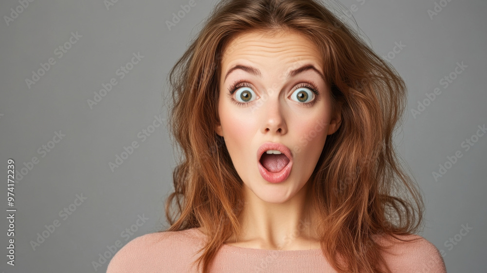 Portrait of an astonished young woman with wide eyes and open mouth against a gray background, conveying shock or surprise. Portrait of an astonished young woman with wide eyes and open mouth against a gray background, conveying shock or surprise.