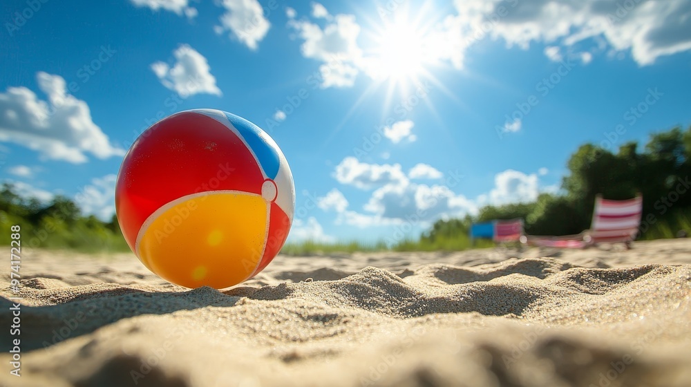 A colorful beach ball resting on golden sand under a bright sun, with fluffy clouds in a clear blue sky. Perfect summer vibe! A colorful beach ball resting on golden sand under a bright sun, with fluffy clouds in a clear blue sky. Perfect summer vibe!